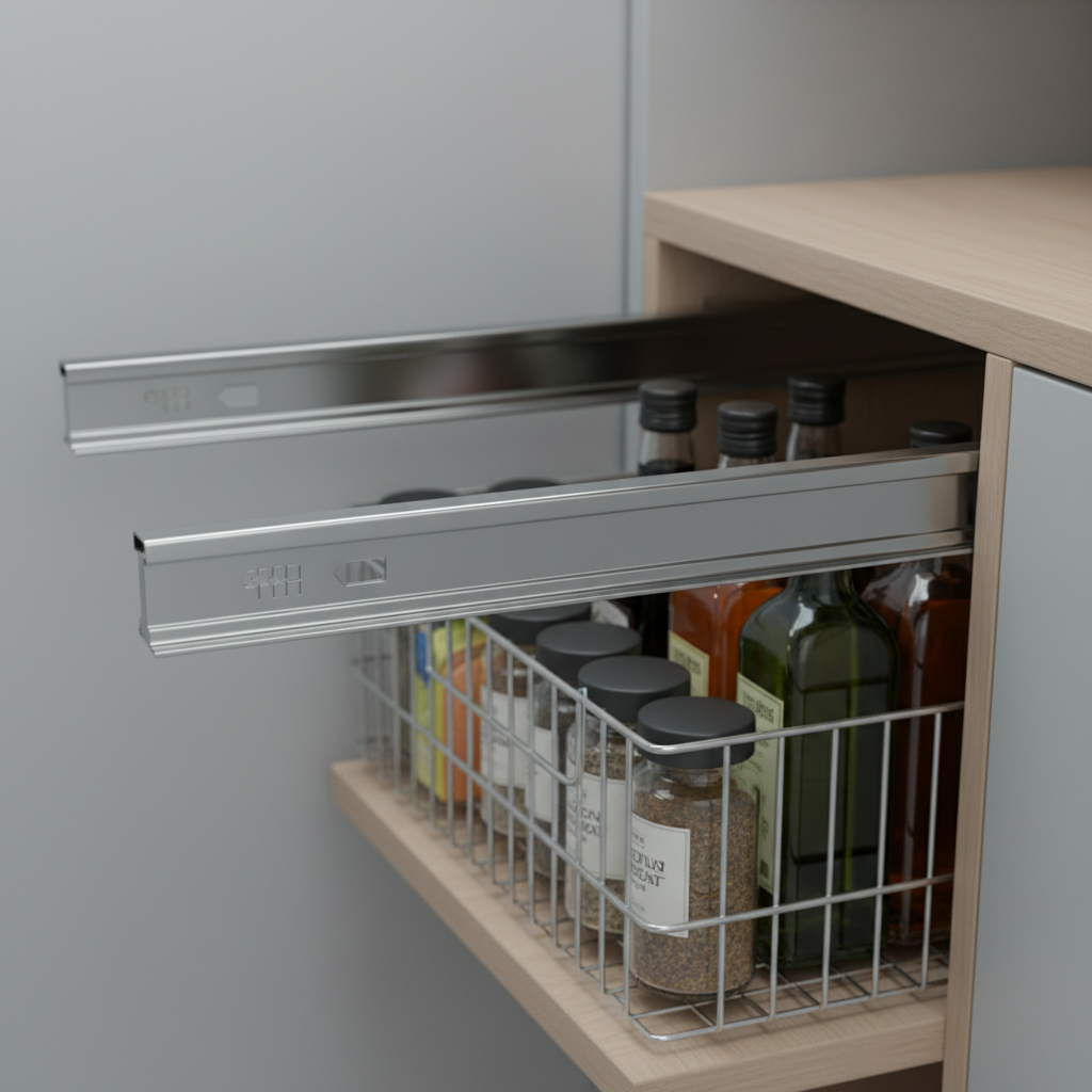 Pull-Out Pantry Organizer Systems: Save Space & Find Food Faster 1 Close-up of full-extension soft-close slide on a pull-out pantry organizer system with chrome wire baskets holding spices and bottles