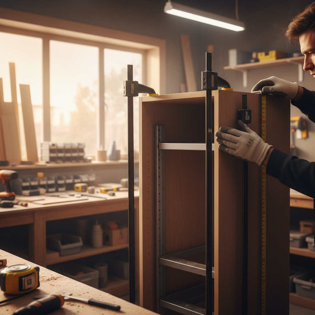 Pull-Out Pantry Organizer Systems: Save Space & Find Food Faster 2 Technician adjusting a tall pull-out pantry frame inside a cabinet box in a professional cabinetry workshop, clamps and measuring tape visible