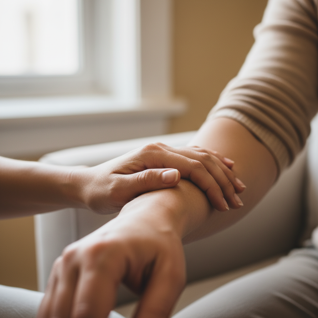 Close-up compassionate clinician hand on patient’s arm during counseling, illustrating supportive recovery health care
