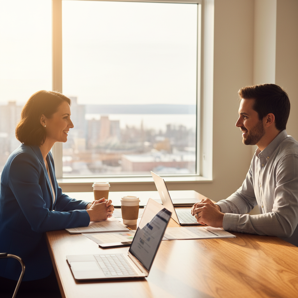 Whitby insurance broker meeting a condo owner to review coverage options from multiple insurers and finalize a condo insurance quote