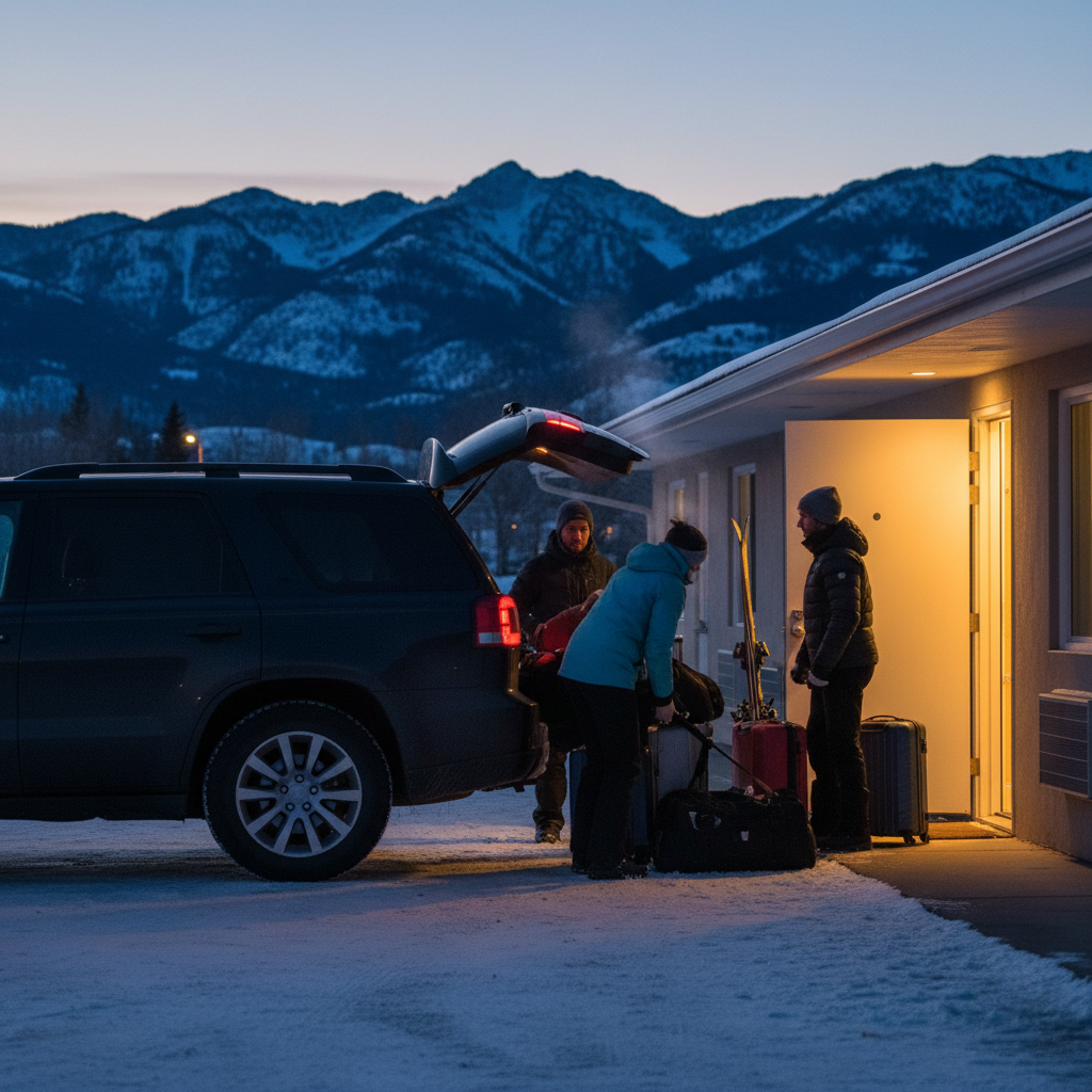 Guests parking beside their room at a North Conway motel during a winter evening, showing easy late arrival access