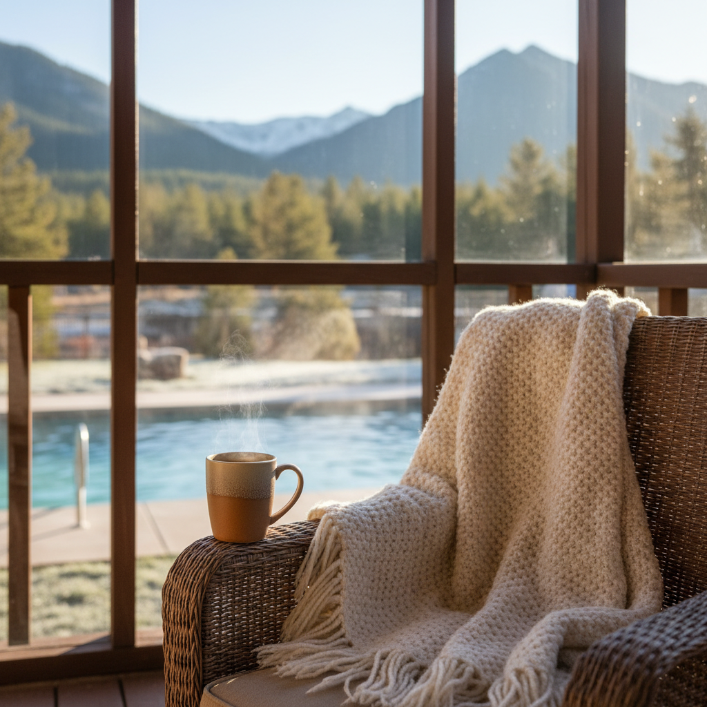 Enclosed porch at a North Conway motel with warm mountain view and outdoor heated pool in the background