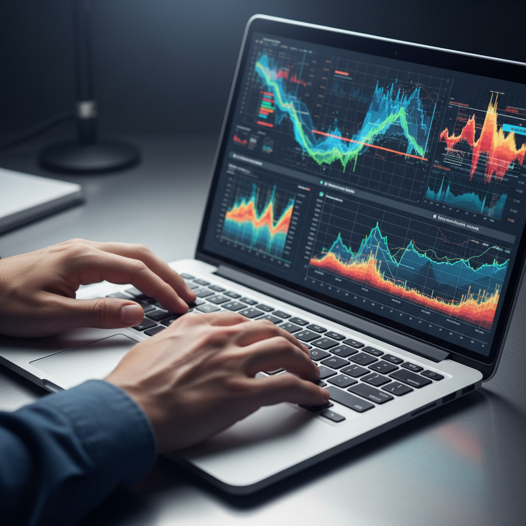 Close-up of AI keyword research workflow on a laptop with graphs and heatmaps for content optimization