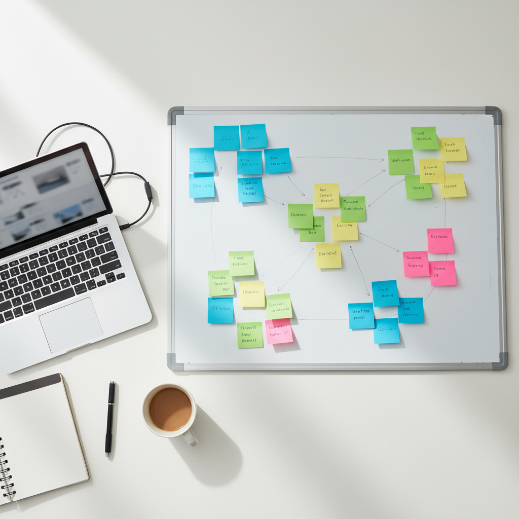 Top-down workspace showing topic clusters mapped with sticky notes for AI keyword research and internal linking