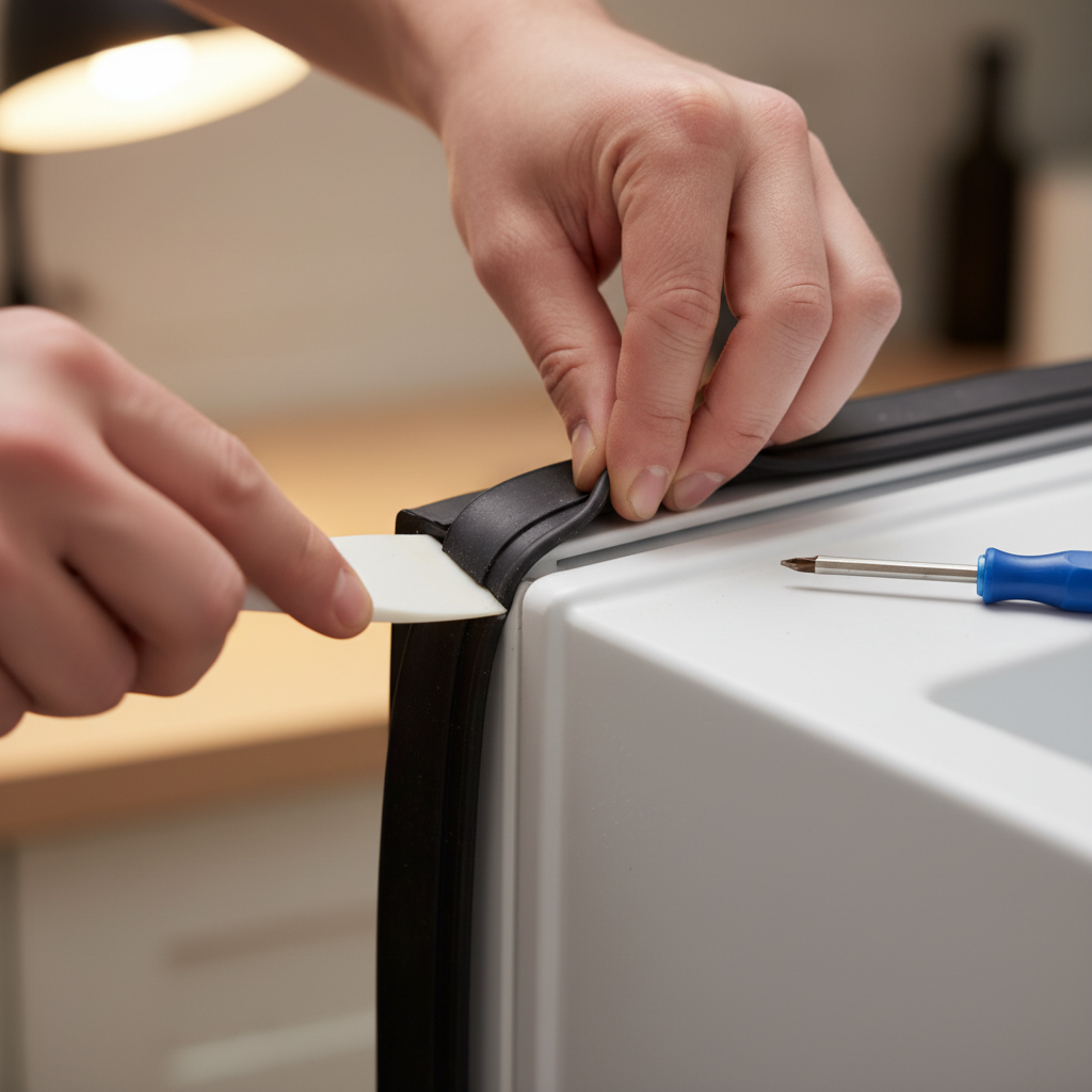 Close-up of hands installing a refrigerator door gasket into the groove channel, showing a precise, corner-first fit for a fridge door seal replacement guide