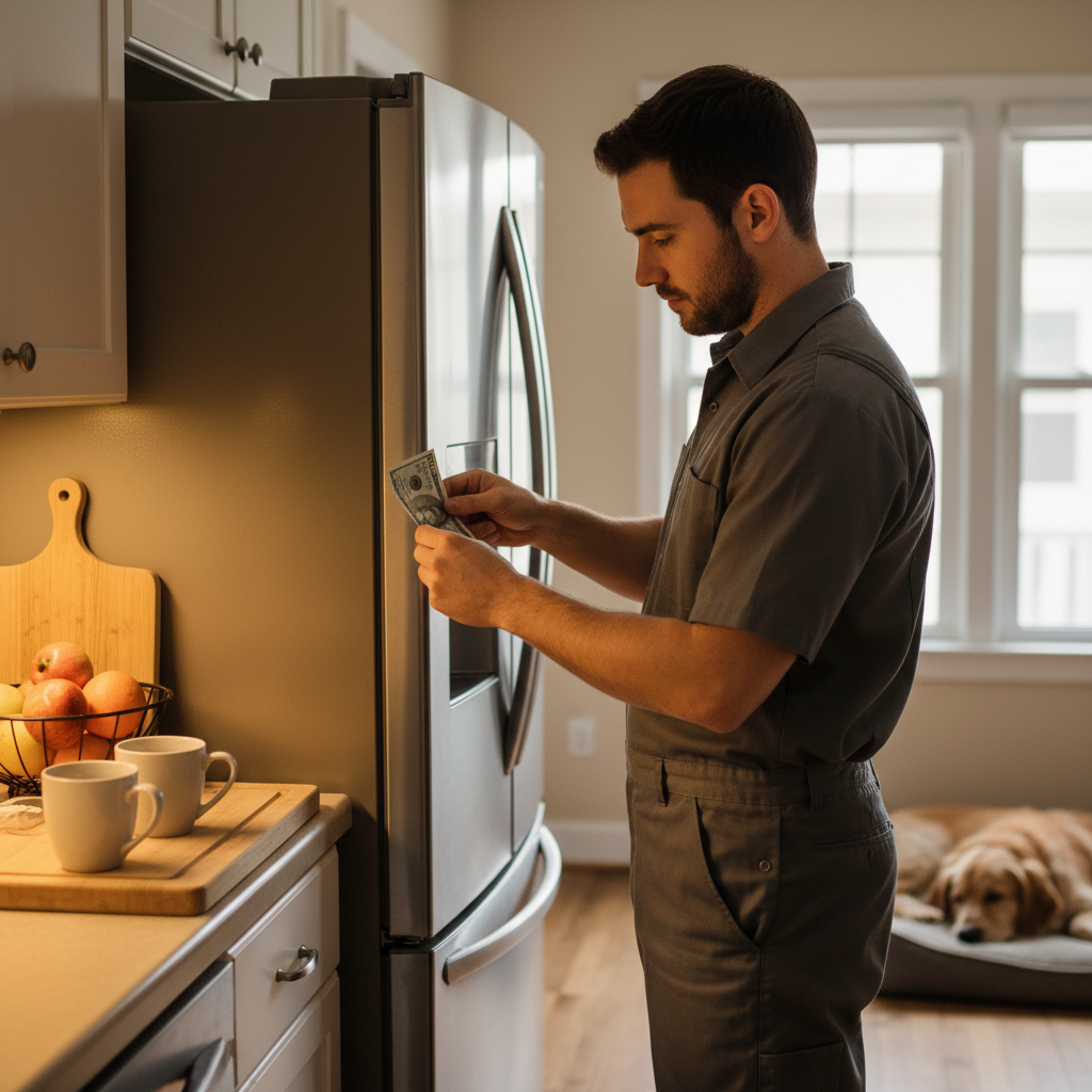 Technician performing the dollar-bill test along a refrigerator door to verify gasket grip after a fridge door seal replacement