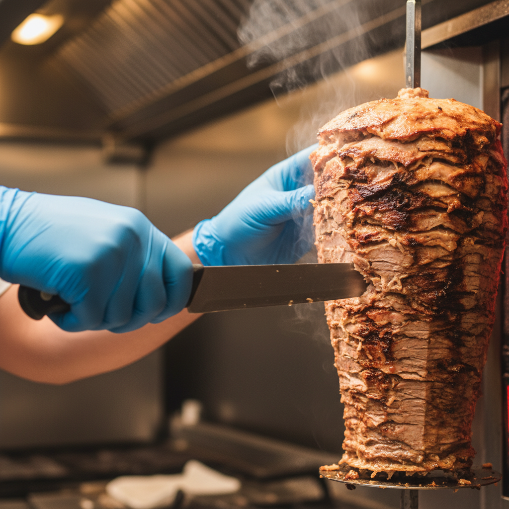 Close-up of shawarma carved from a rotisserie in a professional kitchen, optimized for quick delivery and pickup in Toronto