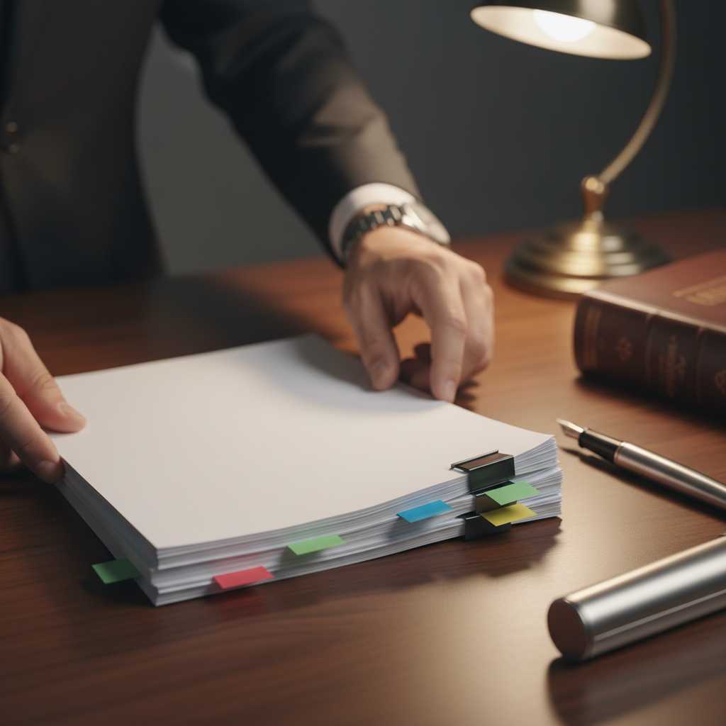 Close-up of lawyer organizing judicial review application documents with flags and binder clips in Toronto office