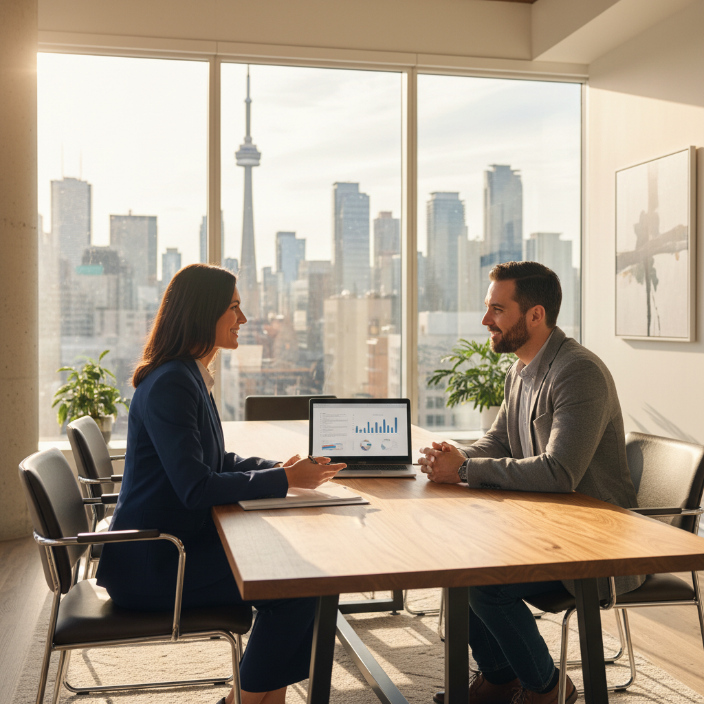 Toronto lawyer meeting with client to plan a Federal Court judicial review filing with skyline view