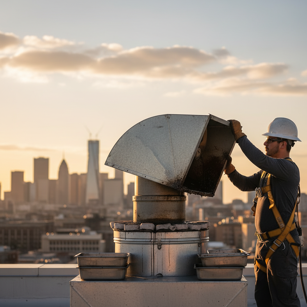 Rooftop exhaust fan cleaning with hinge kit and grease containment as part of the restaurant hood degreasing process