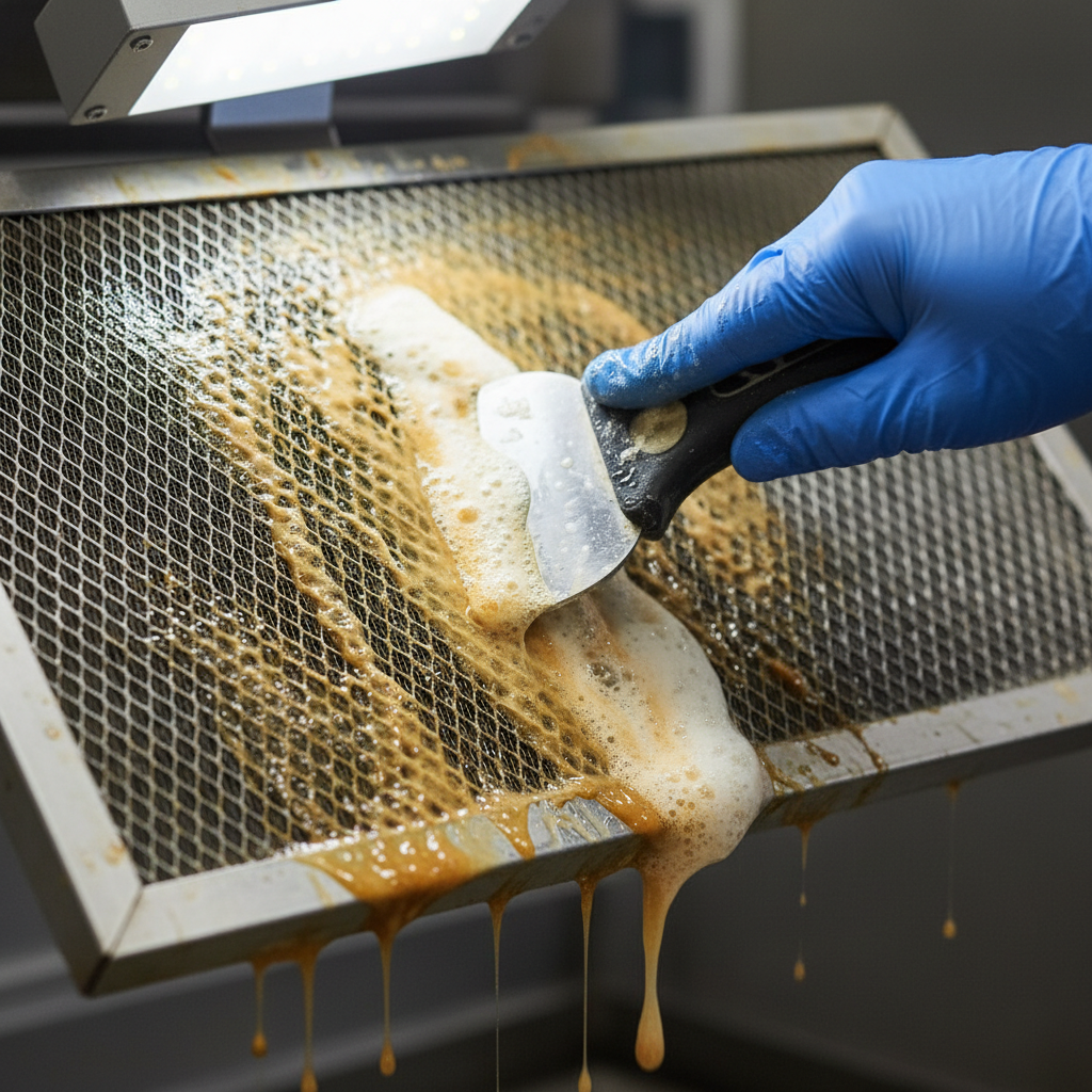 Close-up of baffle filter degreasing with foaming cleaner during the restaurant hood degreasing process