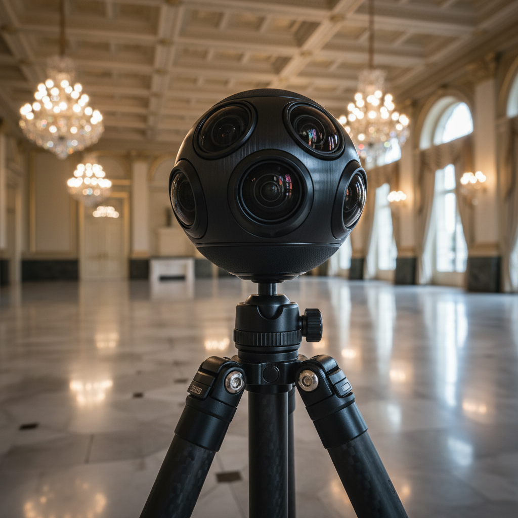 360 camera on tripod capturing an elegant ballroom for virtual event tour technology at Mississauga Convention Centre