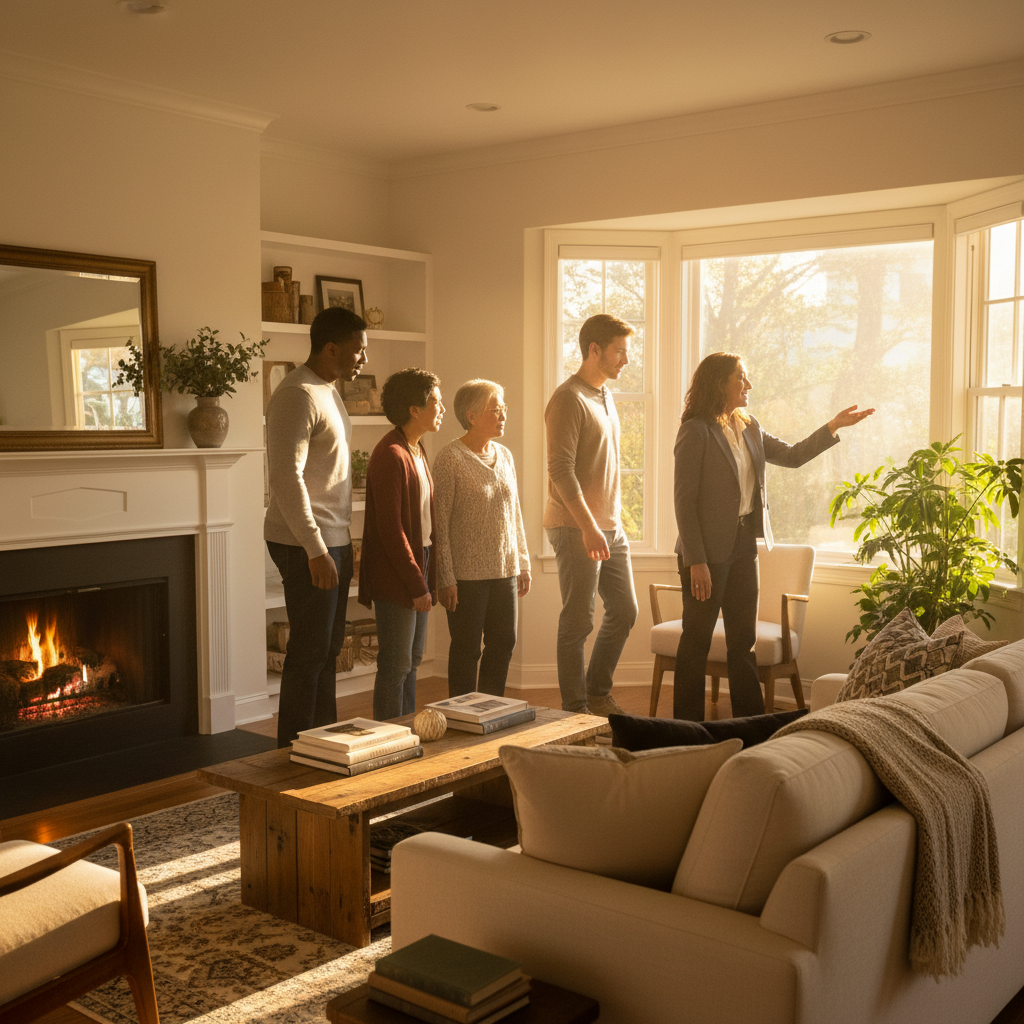 Open house scene with prospective buyers evaluating a staged living room during home sale