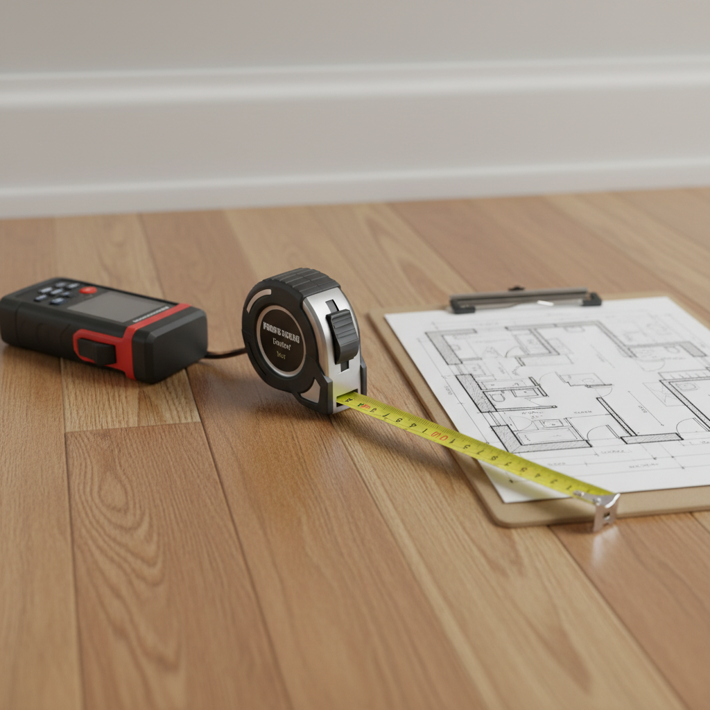 Close-up of measurement tools and floor plan sketches used for property valuation preparation