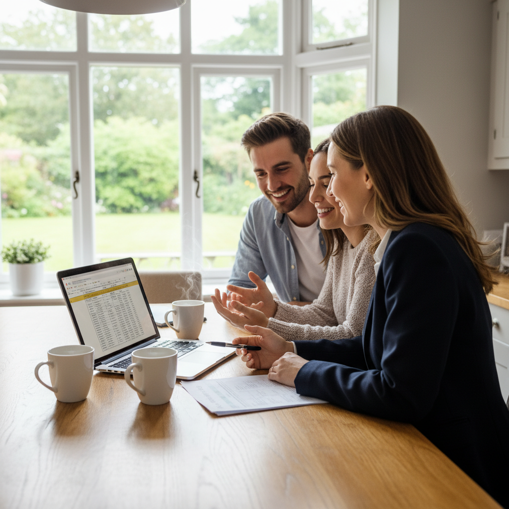 Mortgage broker meeting two homeowners at a kitchen table discussing home equity release options in Australia with a laptop open