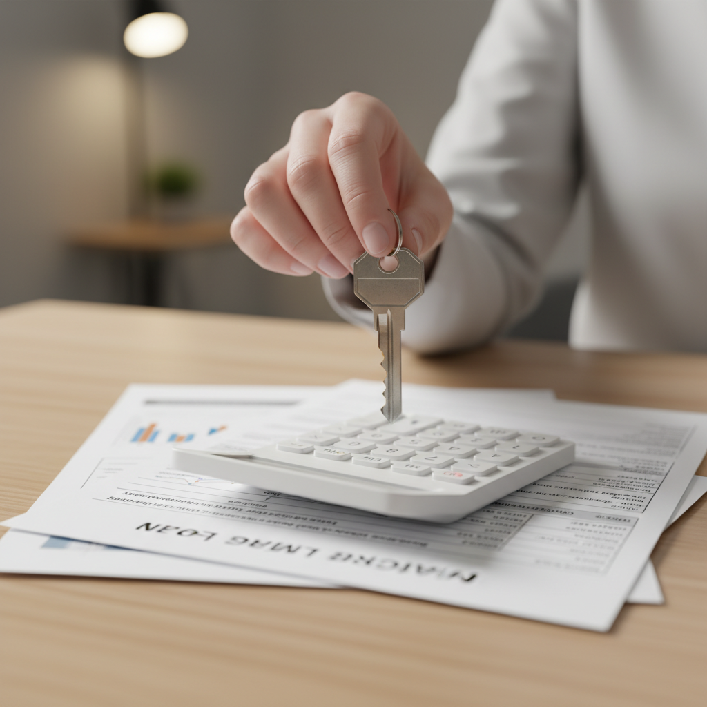 Close-up of house key, calculator, and mortgage paperwork representing home equity release options Australia and lender documentation