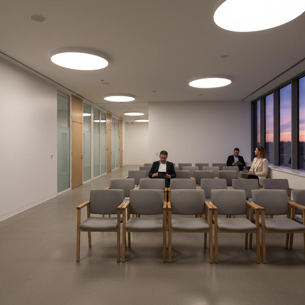 Tribunal waiting area scene before an IRB Refugee Protection Division hearing in Canada