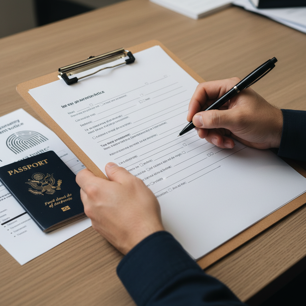 Close-up of BOC form, passport, and fingerprint notice organized for refugee protection claim steps