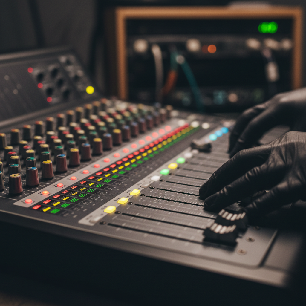 Close-up of a professional audio mixing console for corporate events, illustrating AV inclusions in a corporate event package comparison