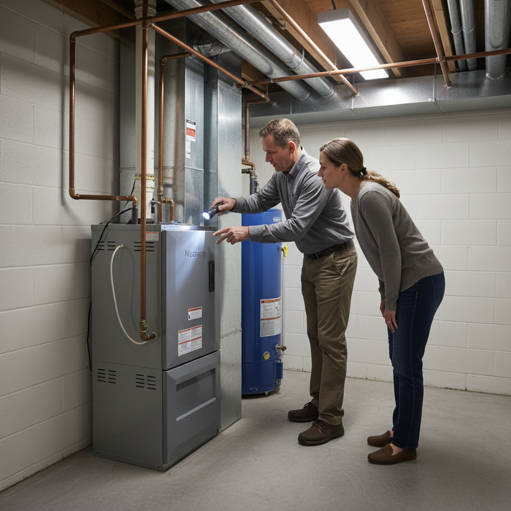 Home inspector with homeowner reviewing furnace and water heater before listing a Canadian home