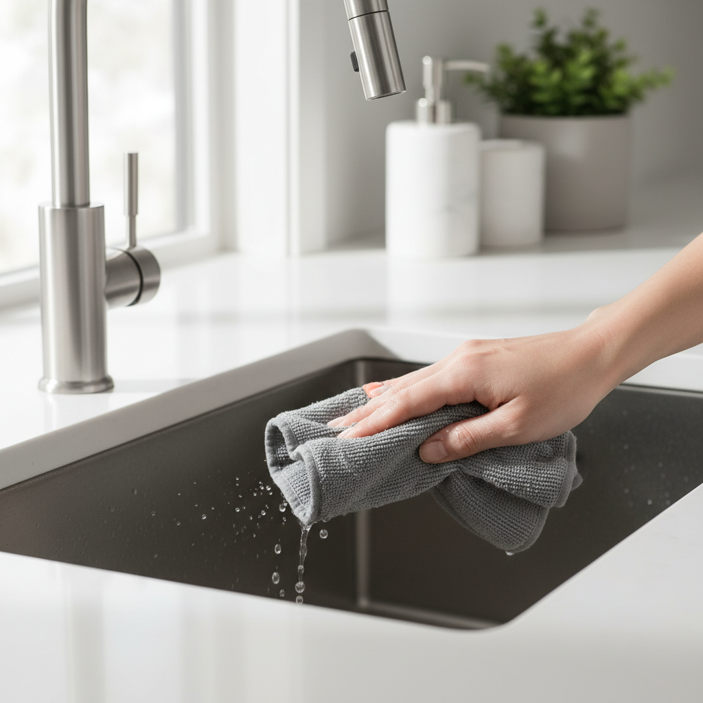 Close-up cleaning stainless steel kitchen faucet for home selling checklist Canada staging prep