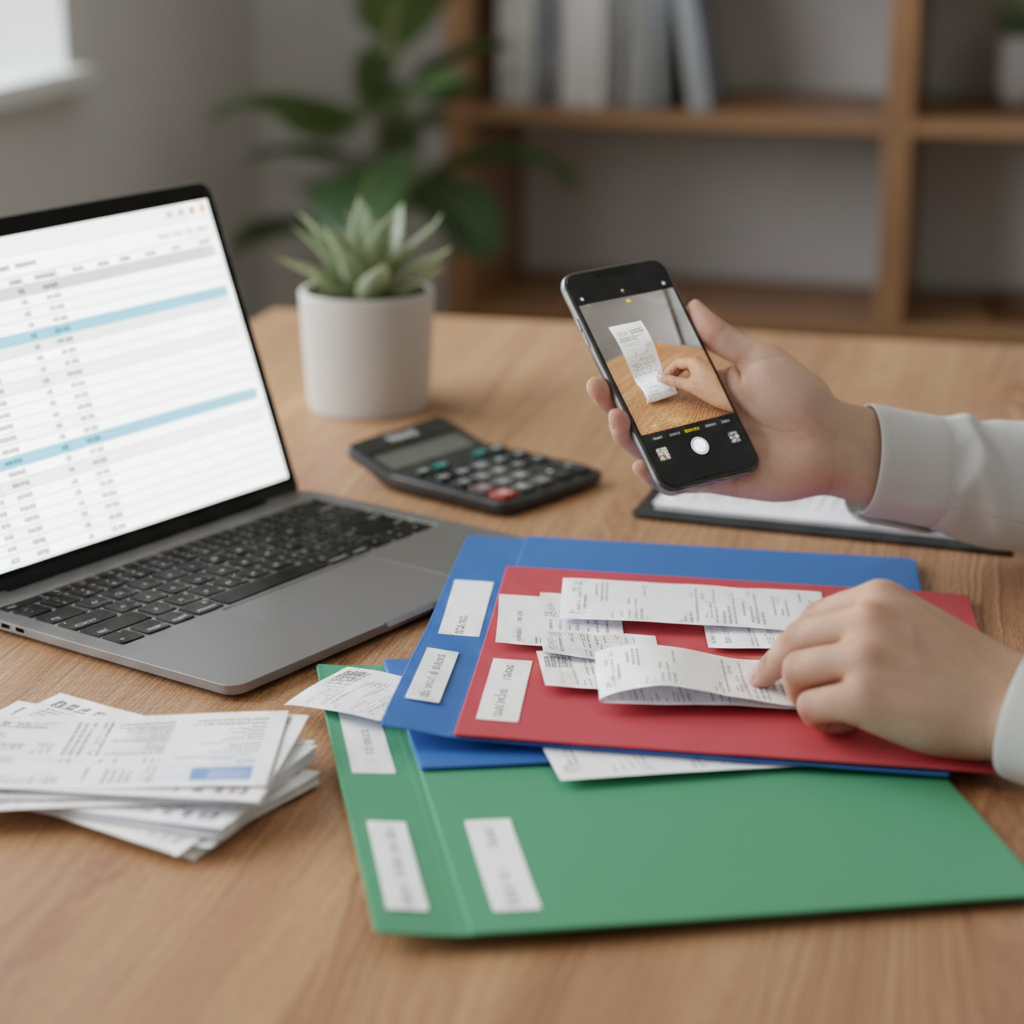 Close-up of digital receipt capture for a bookkeeping records management system with organized folders and scanning workflow