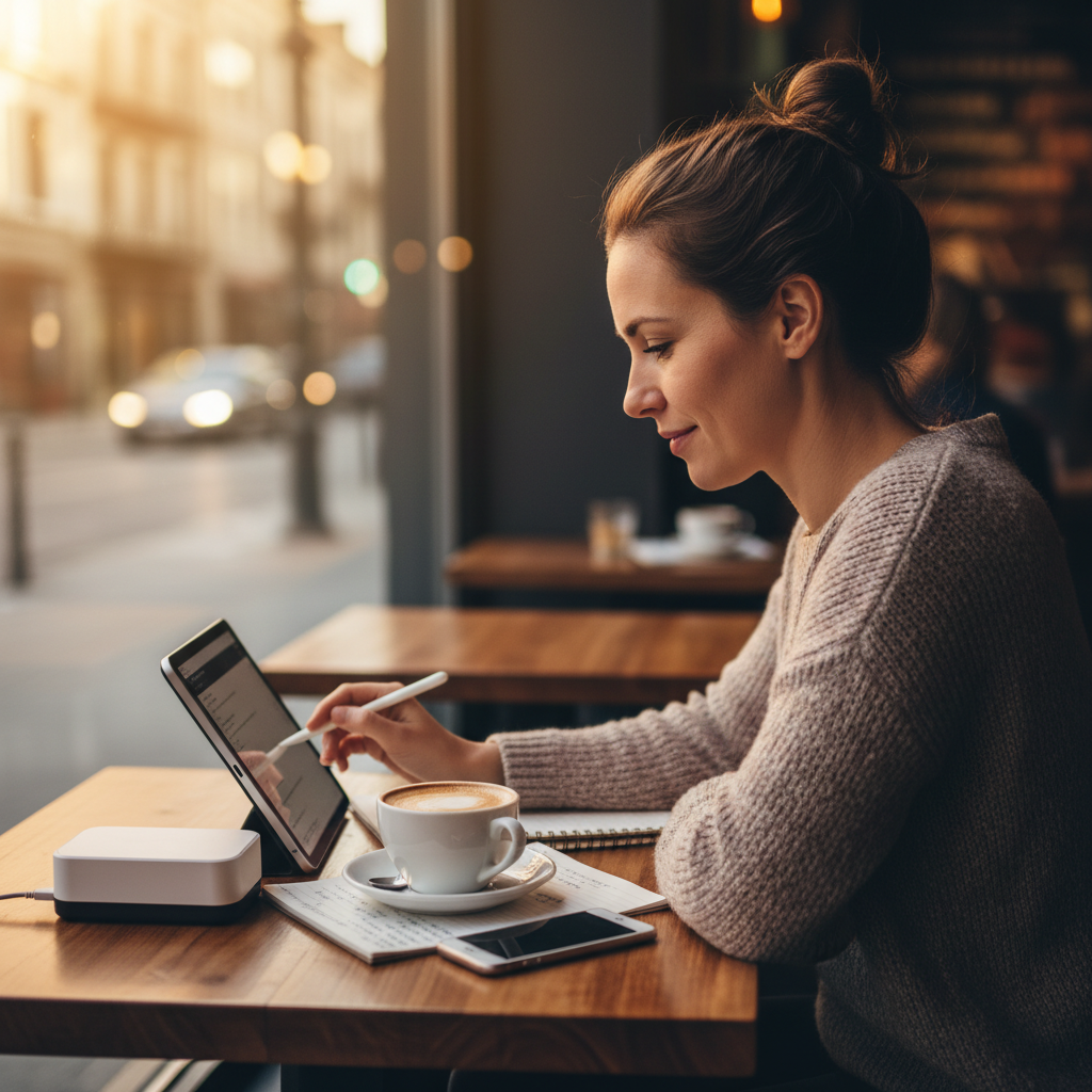 Small business owner reconciling transactions on a tablet as part of a cloud bookkeeping records management system