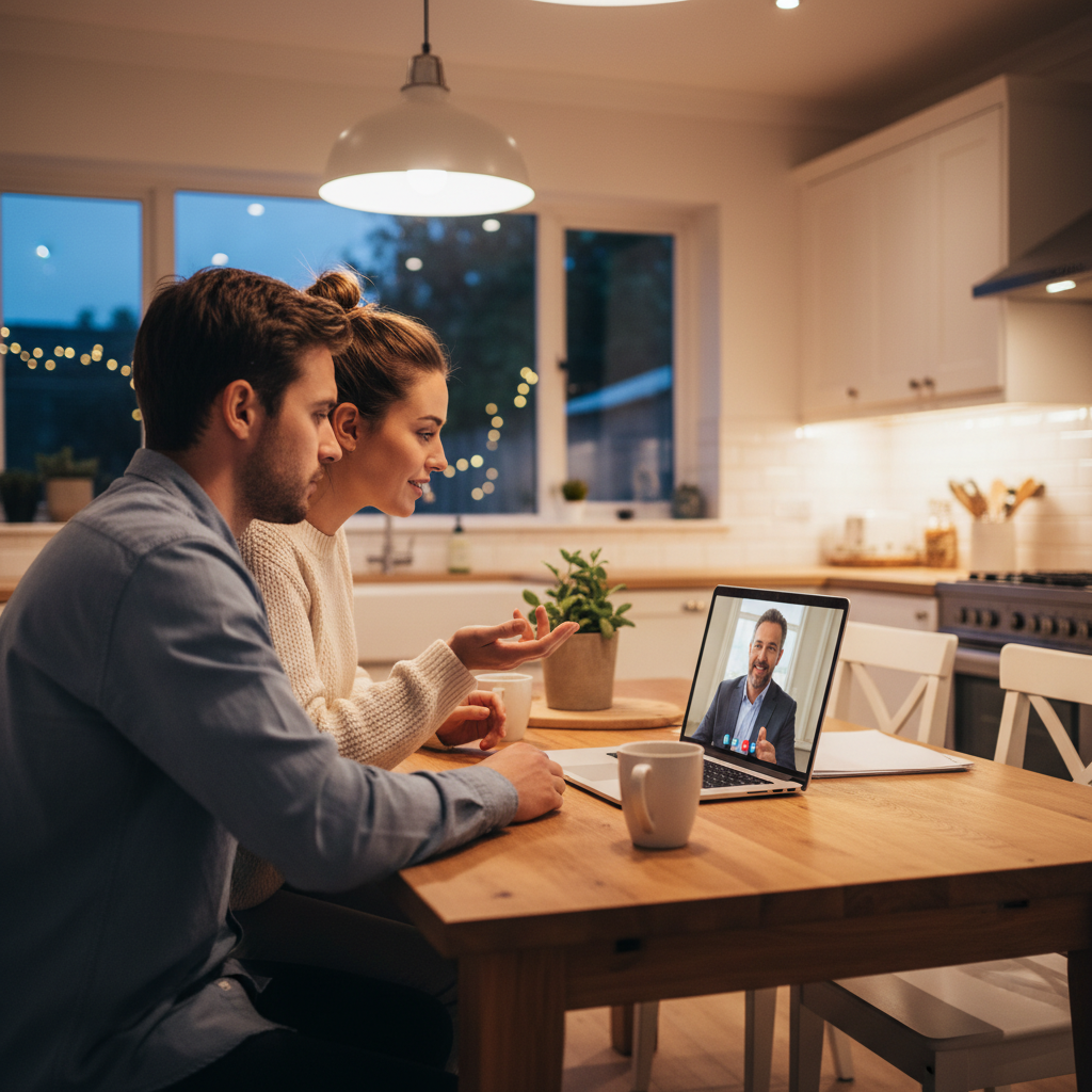 Young couple on video call with a mortgage broker, demonstrating digital-first support and end-to-end guidance