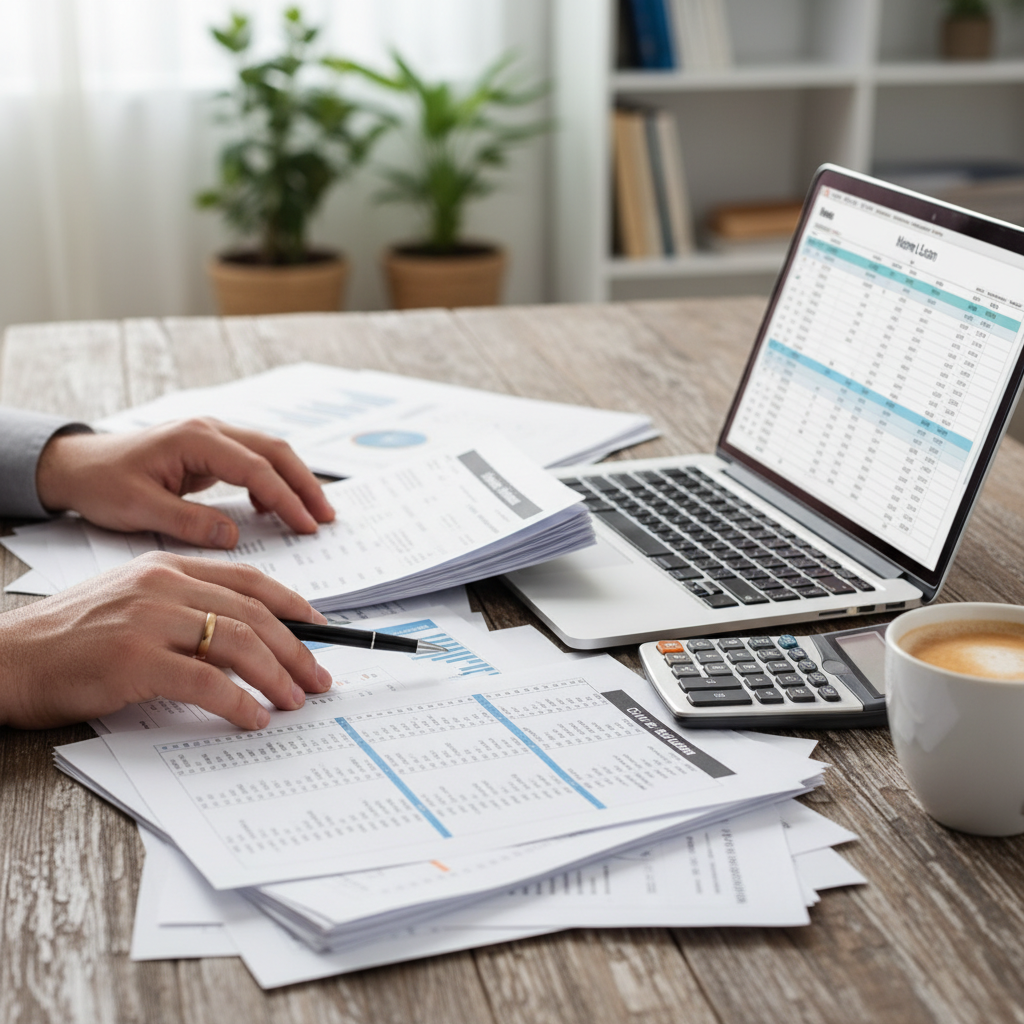 Close-up of home loan paperwork, calculator, and laptop illustrating mortgage broker benefits and organized application process