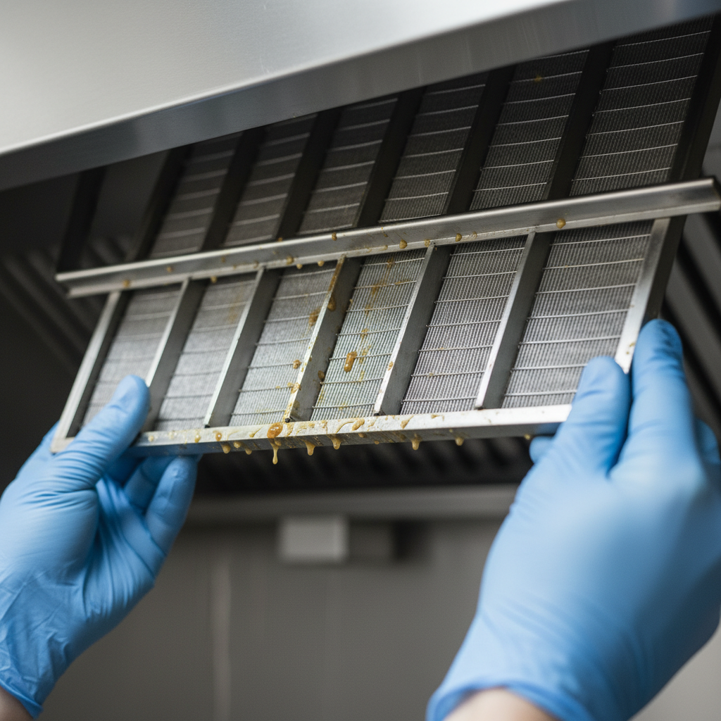 Close-up of stainless baffle filter during kitchen ventilation maintenance showing grease film removal