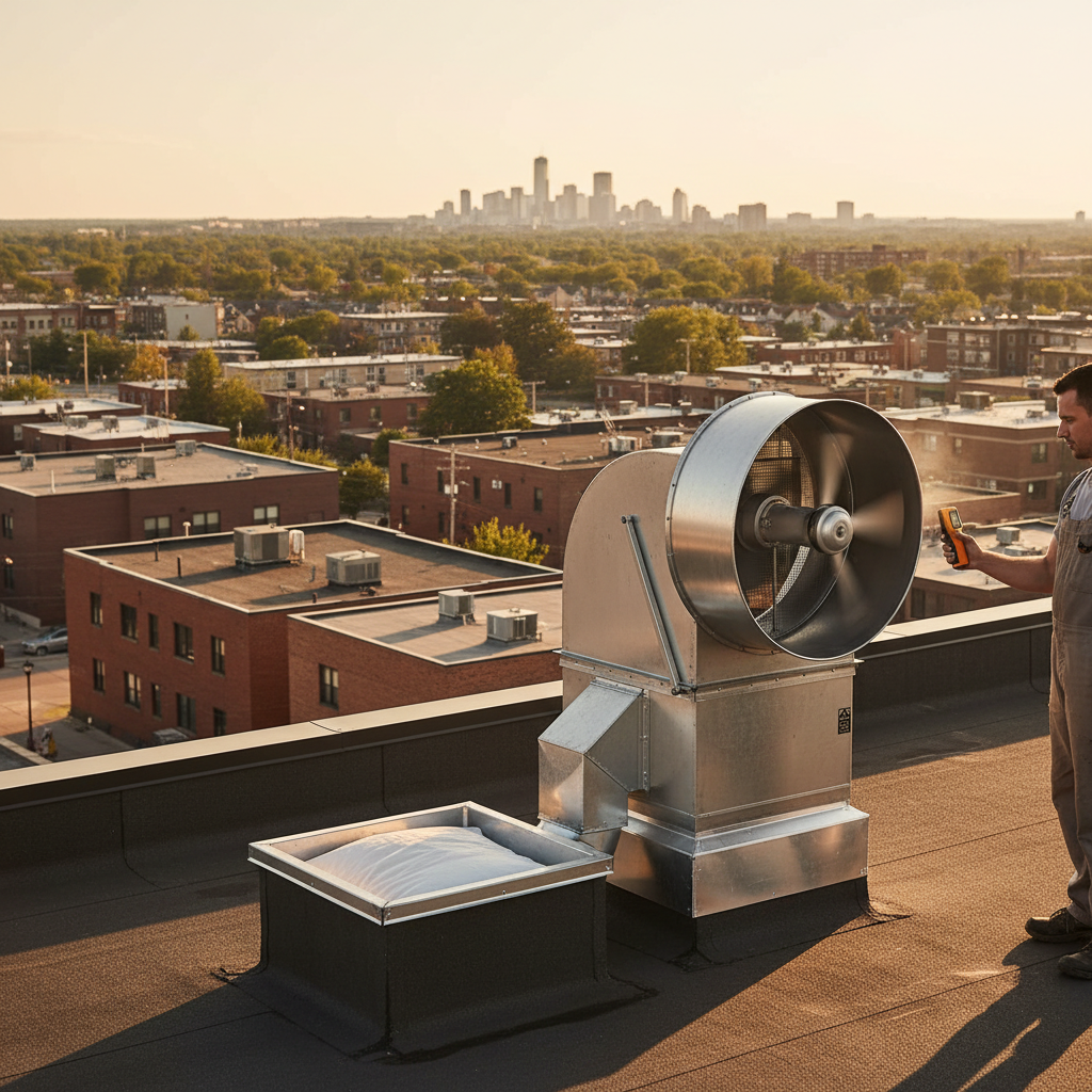 Rooftop upblast exhaust fan in Ontario with technician measuring airflow during commercial kitchen ventilation check