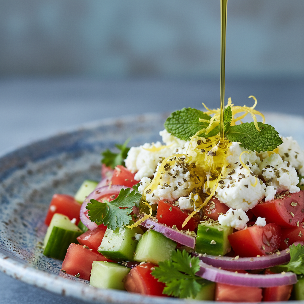 Close-up of extra virgin olive oil drizzled over a tomato-cucumber-feta Mediterranean salad, illustrating authentic Mediterranean diet principles in Toronto