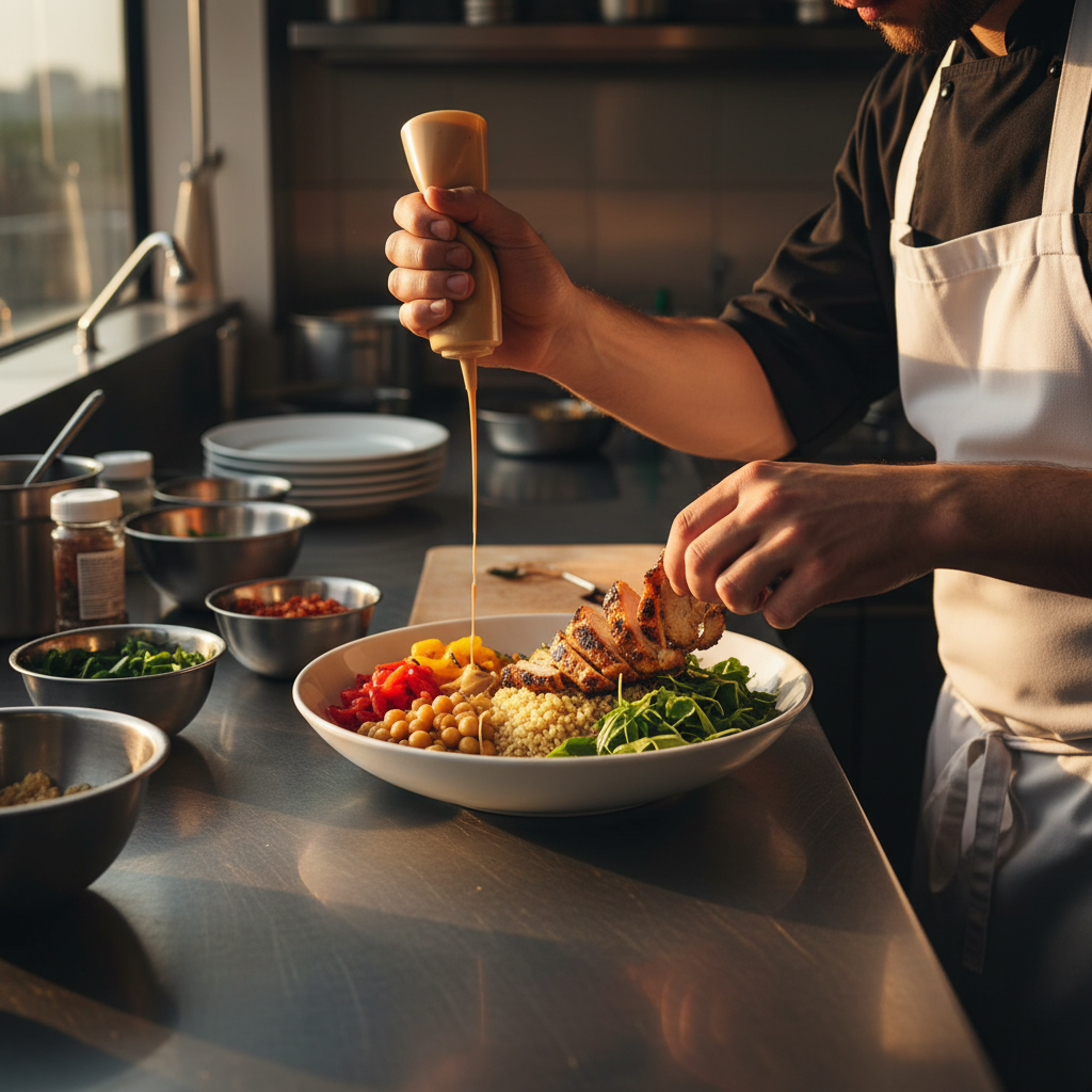 Chef assembling a Mediterranean bowl with chicken shawarma, bulgur, chickpeas, greens, and tahini drizzle, showing how to build balanced meals in Toronto