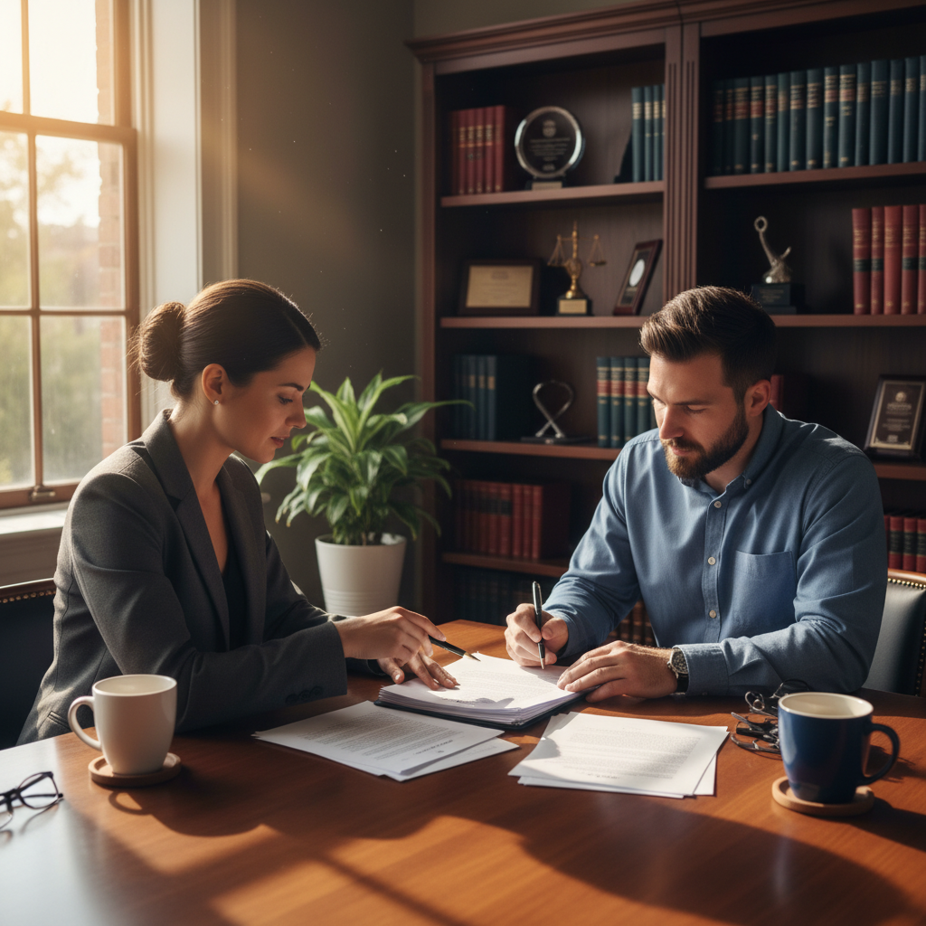 Lawyer and business owner reviewing corporate records and signing resolutions in a Toronto office setting