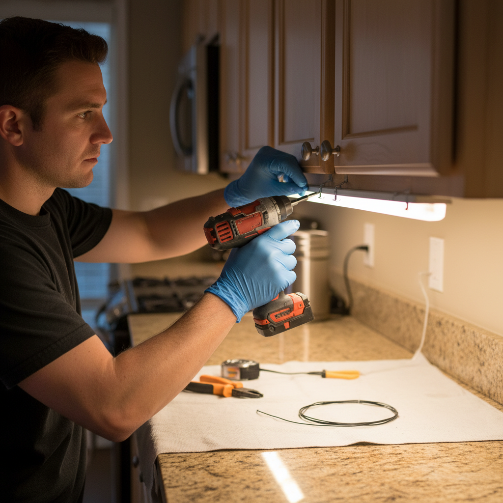 Kitchen Valance Lighting Solutions: Brighten Counters Without Glare 2 Technician installing under-cabinet valance LED strip with clips for even countertop lighting
