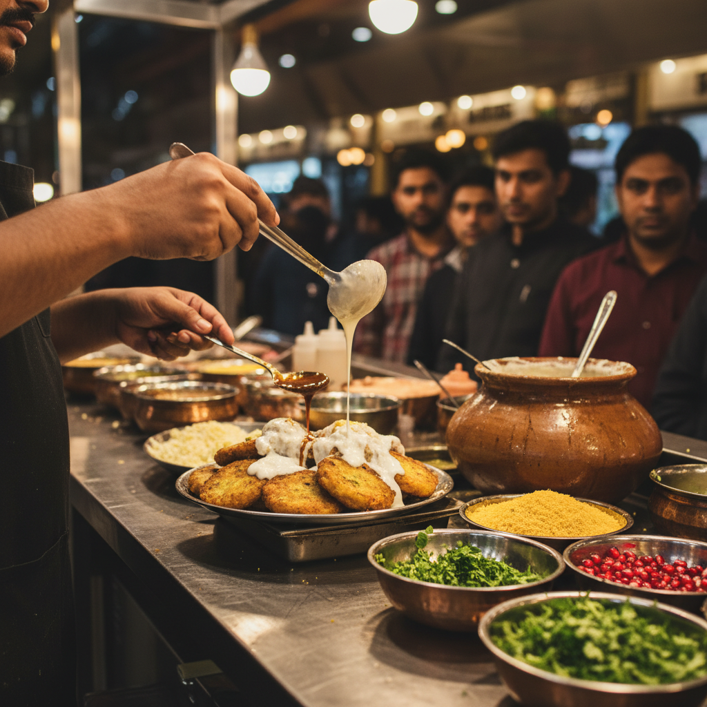 Action shot at a Brampton chaat counter assembling aloo tikki chaat with yogurt and tamarind chutney during final preparation steps