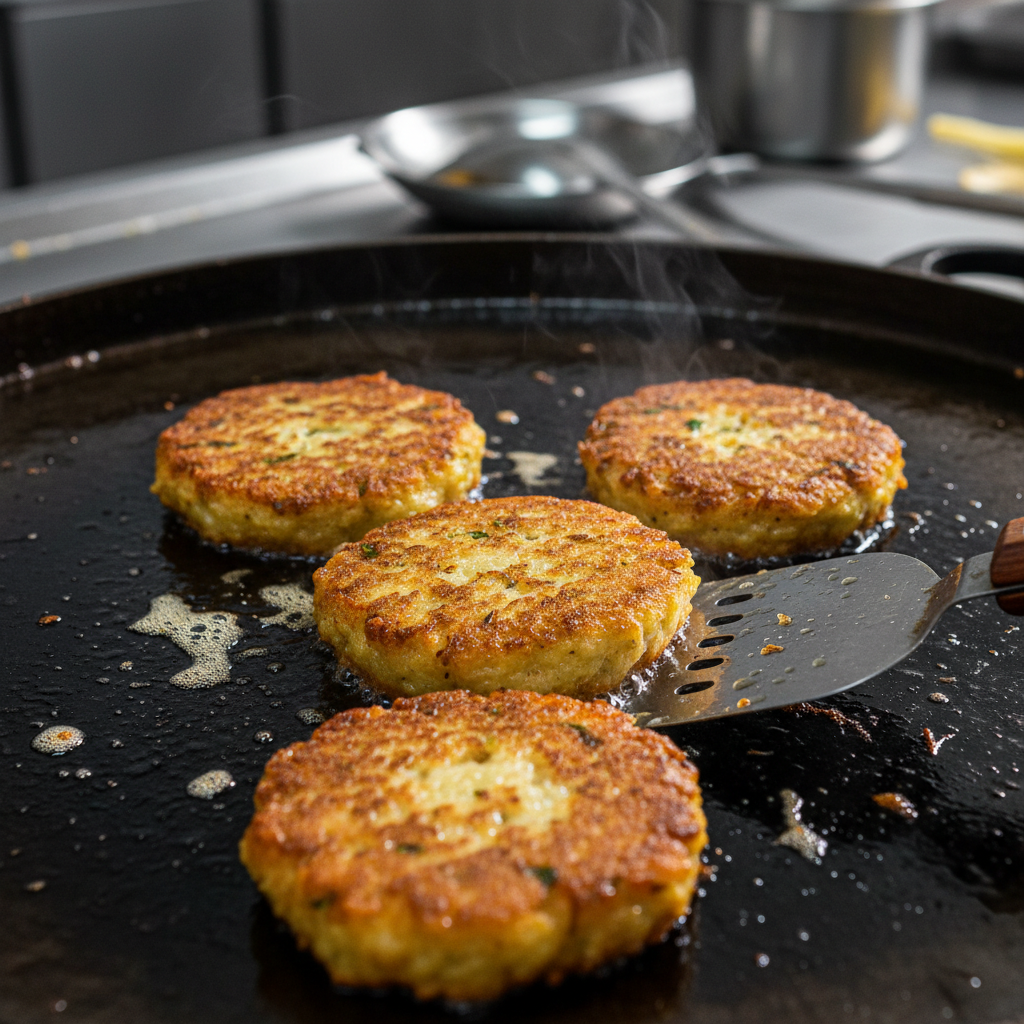 Close-up of aloo tikki frying on a tawa; golden crust forming as part of aloo tikki chaat preparation steps for crisp texture