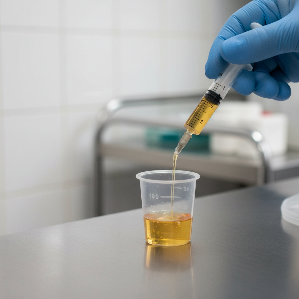 Close-up of precise methadone dosing in a clinical setting for supervised starts