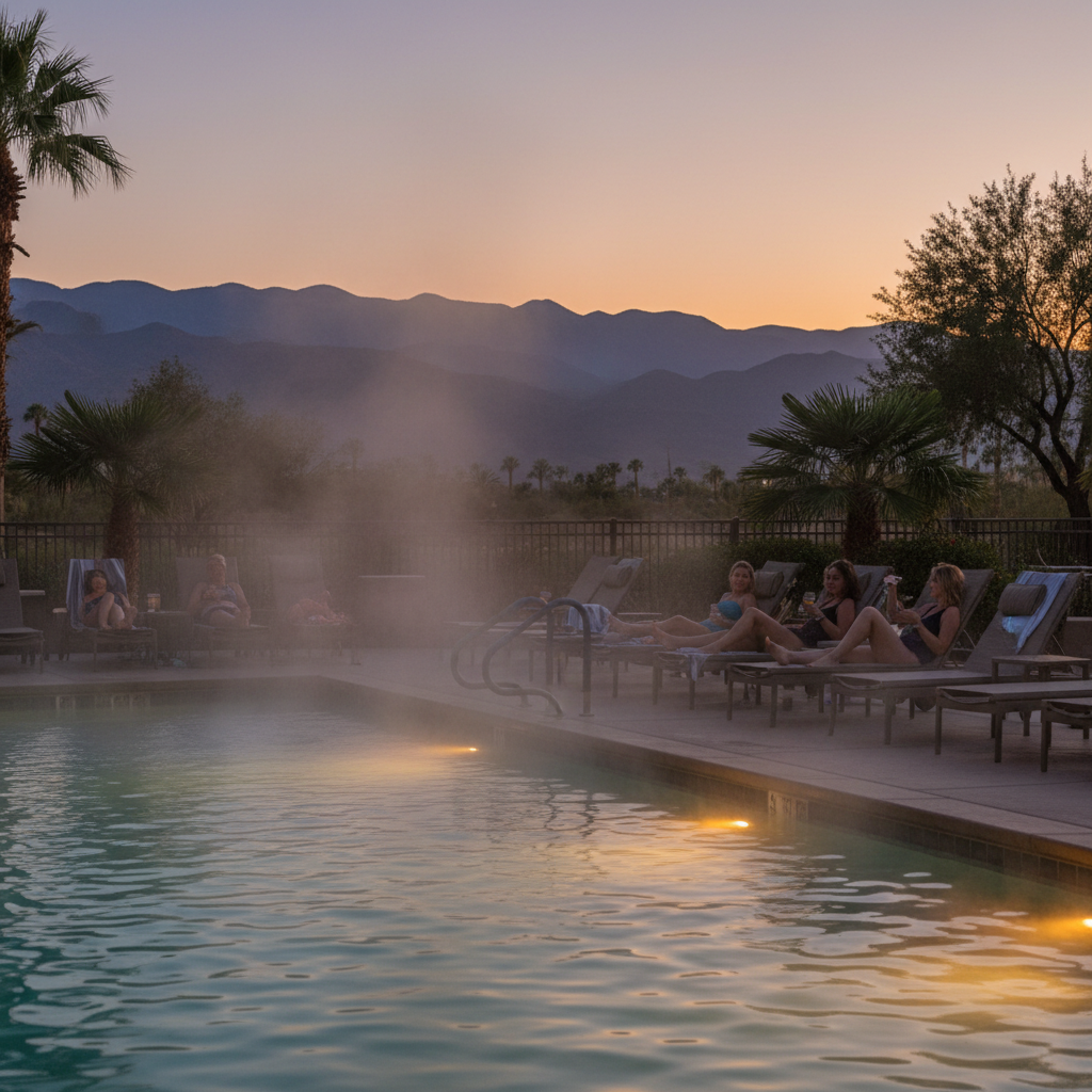 Heated outdoor motel pool in North Conway at dusk with lounge chairs and mountain silhouette, perfect for relaxing after Mt Washington Valley motel stays