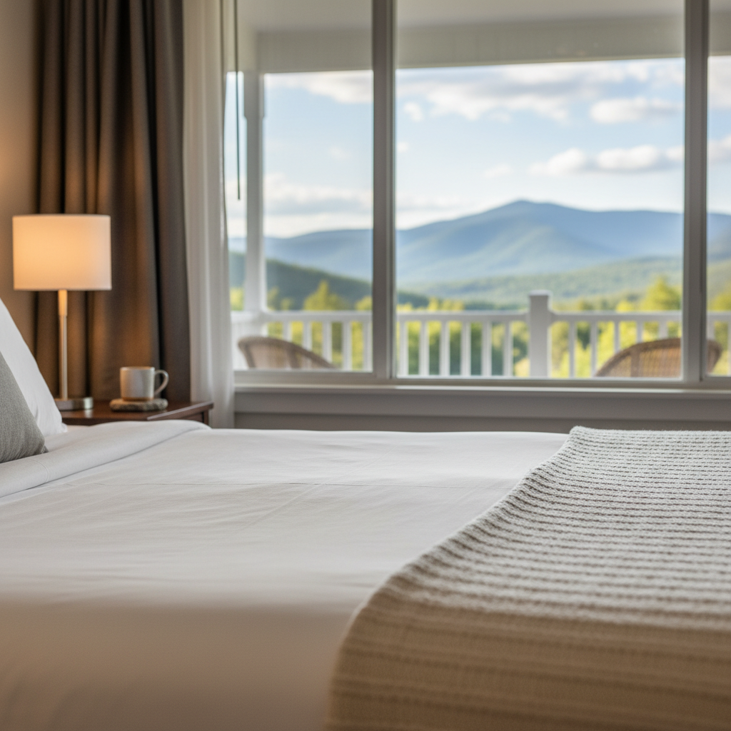 Renovated North Conway motel room close-up with mountain view window and enclosed porch, ideal for Mt Washington Valley motel stays