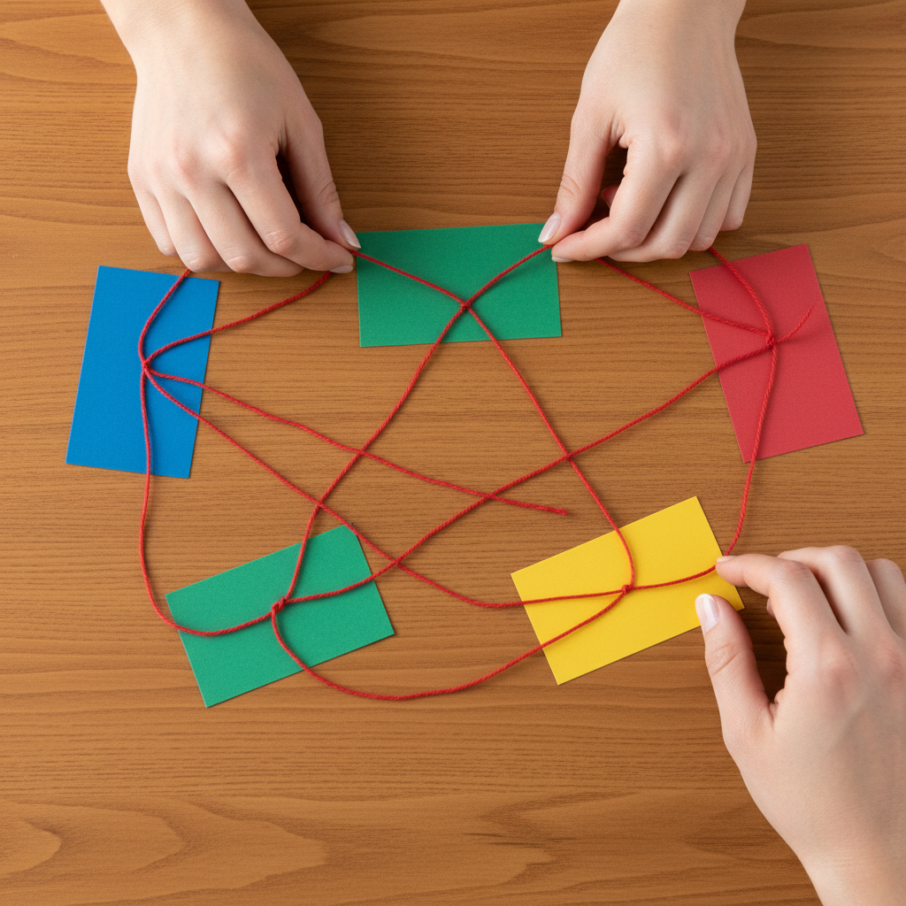 Close-up of hands arranging color-coded cards into SEO topic clusters with pillar page planning