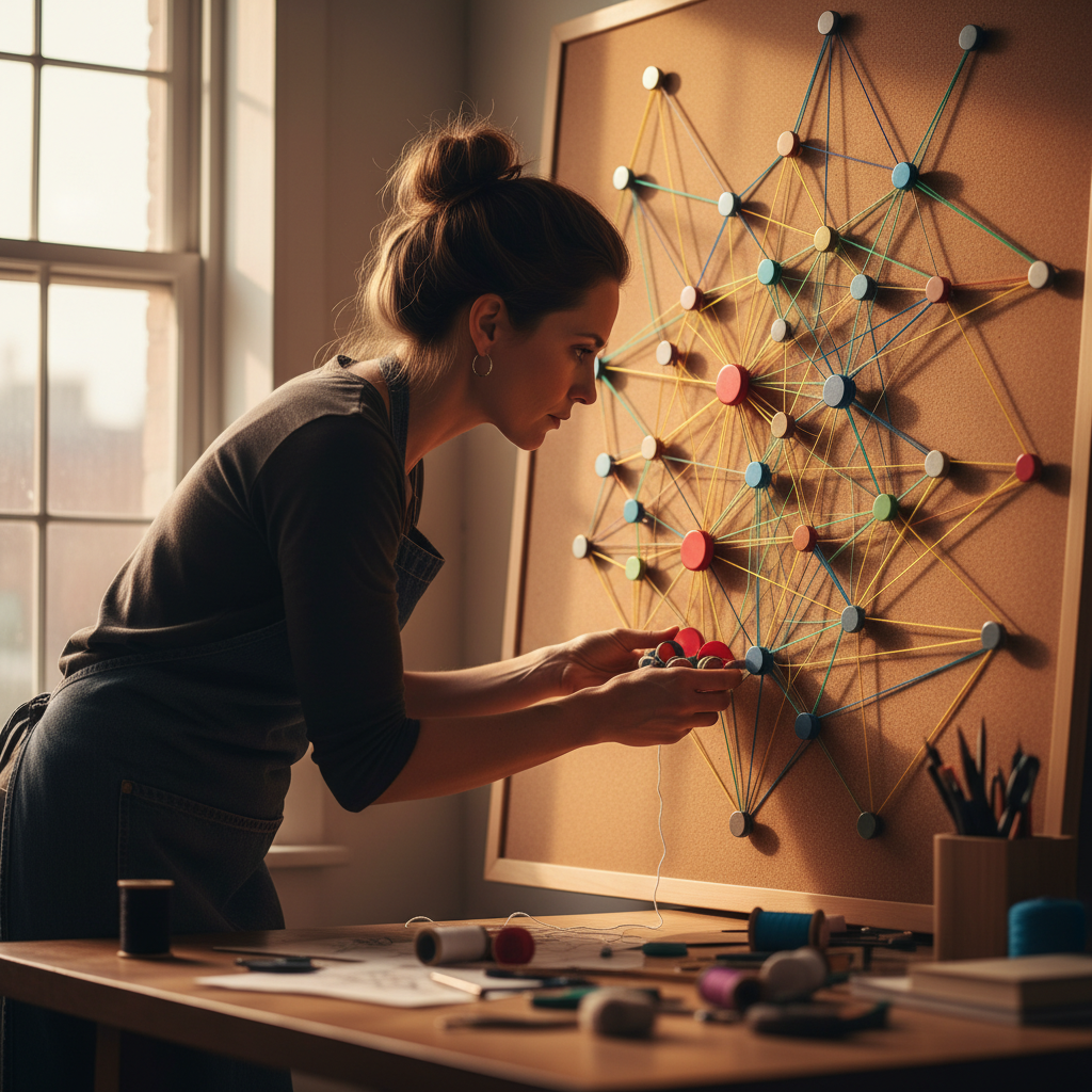 Small business owner mapping a topic cluster on a cork board with colored magnets and threads