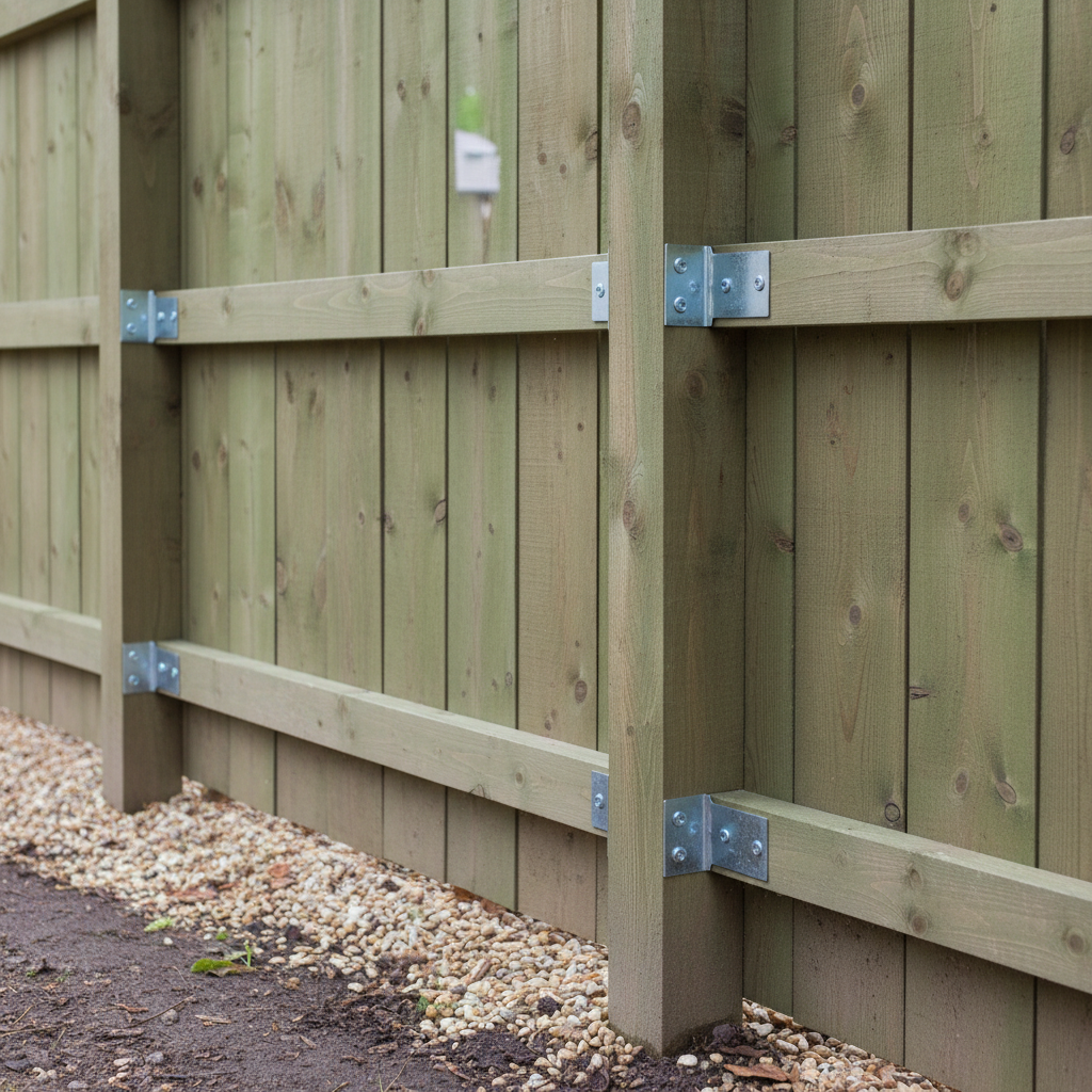 Close-up of board-on-board wood privacy fence showing overlapping boards, galvanized hardware, and compacted gravel base for durable installation in Mississauga
