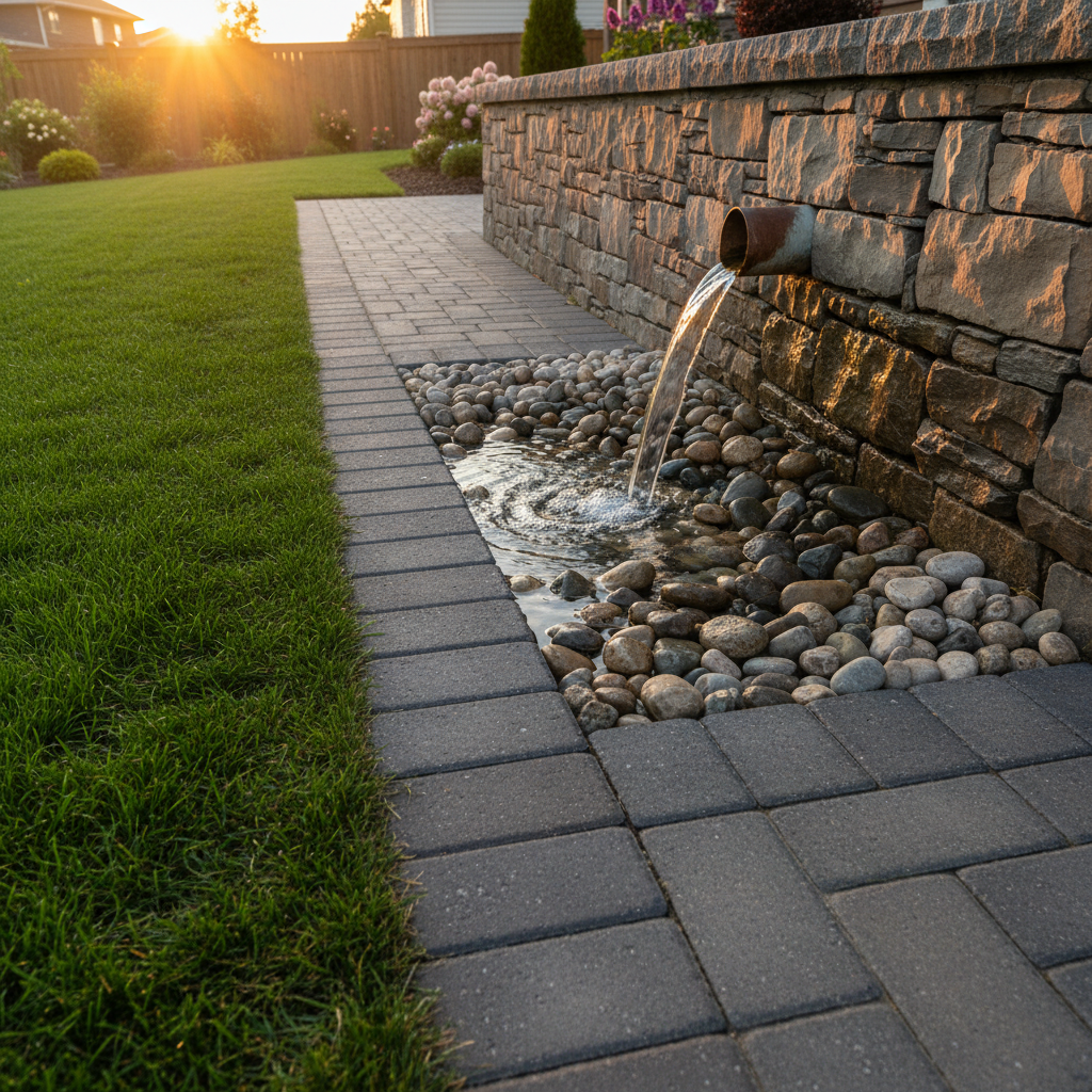 Retaining wall drain outlet daylit onto a rock splash pad beside interlocking pavers and fresh sod in a GTA backyard