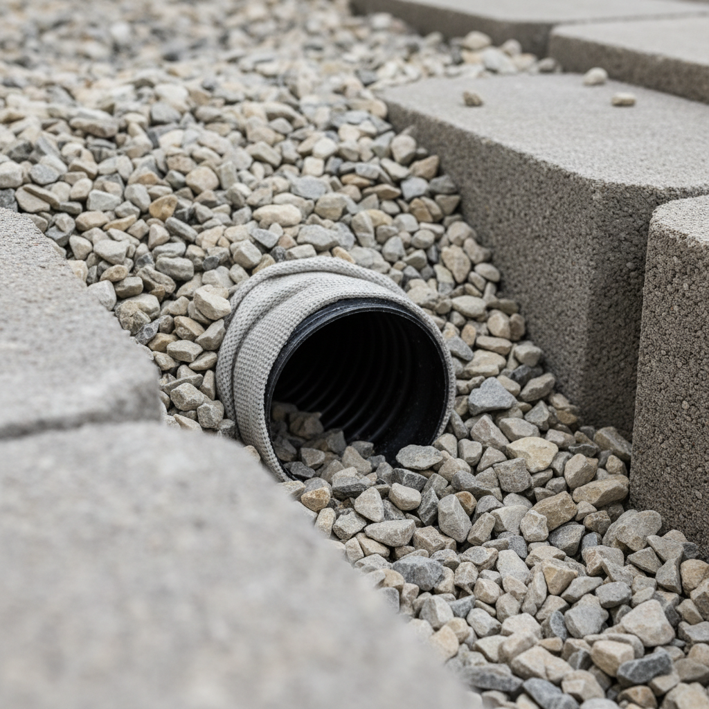 Close-up of retaining wall drainage showing 4-inch perforated pipe wrapped in geotextile with 3/4 inch angular stone backfill behind concrete blocks in Mississauga