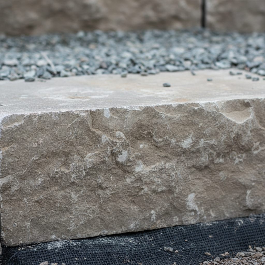 Close-up of split-face armour stone texture with drainage gravel and geotextile fabric behind the stone for Mississauga landscaping