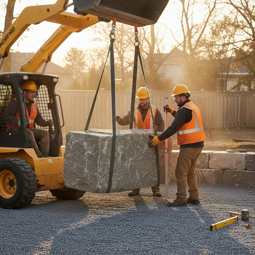 Landscaping crew placing a large armour stone with a skid steer on a compacted gravel base in Mississauga