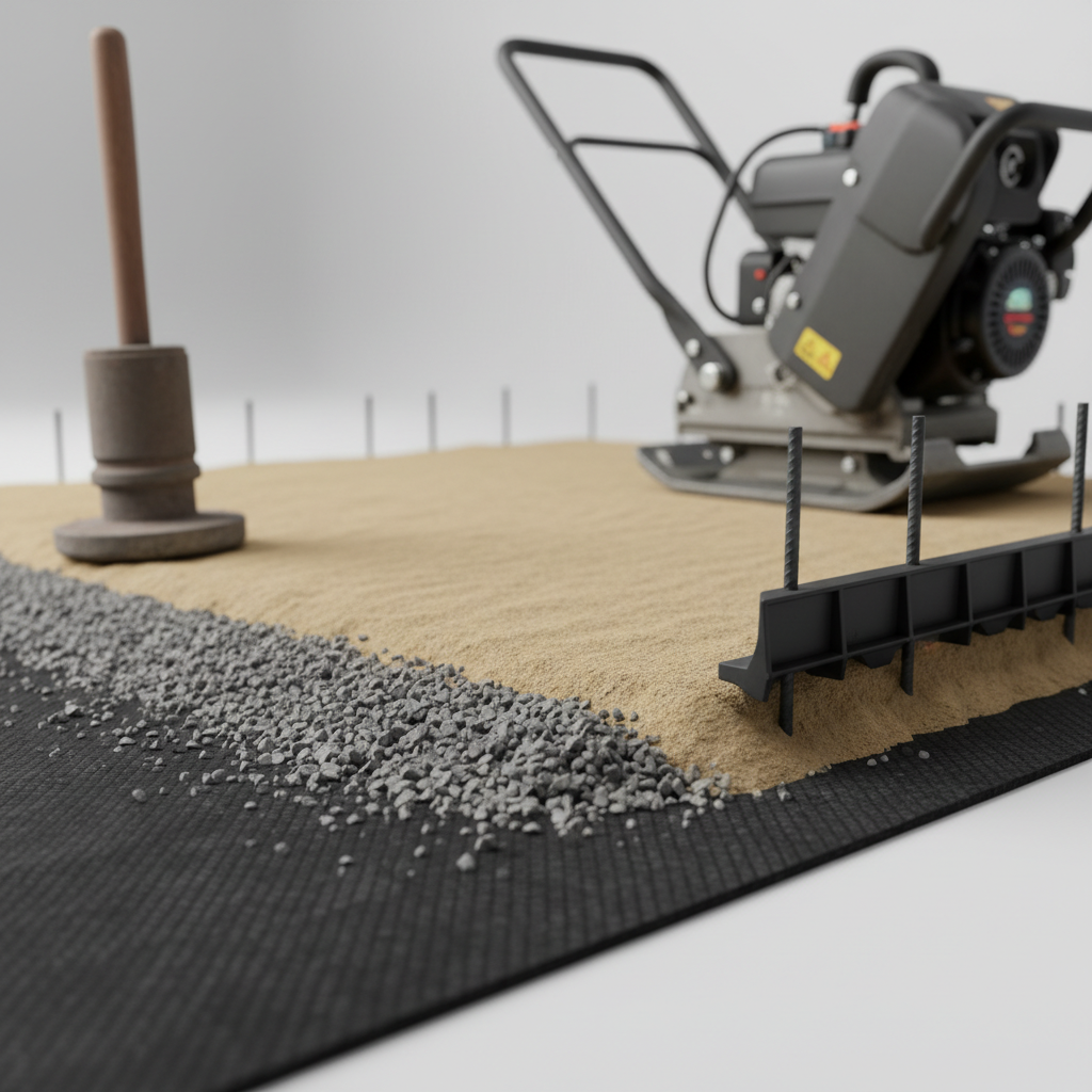 Close-up of interlocking paver base preparation showing compacted base, bedding sand, geotextile, and edge restraint for Mississauga landscape design and build