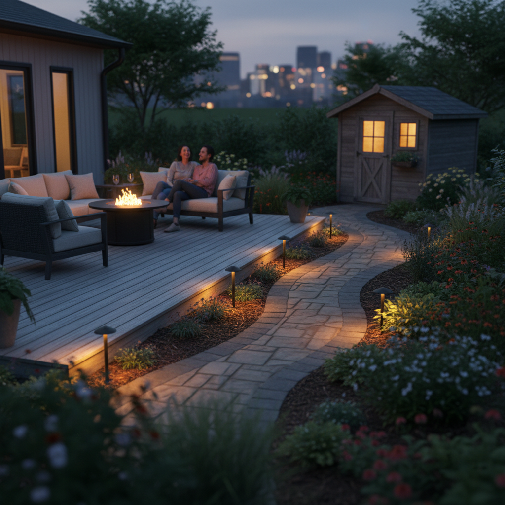 Evening GTA backyard with composite deck, paver walkway lighting, mulched garden beds, and shed—showcasing integrated landscape design and build