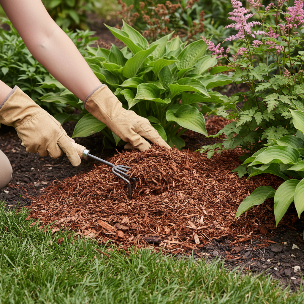 Close-up of hands spreading shredded hardwood mulch to a 2–3 inch layer for garden bed maintenance in Mississauga